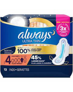 Always Ultra Thin Pads Size 4 Overnight Absorbency Unscented with Wings, 13 Count