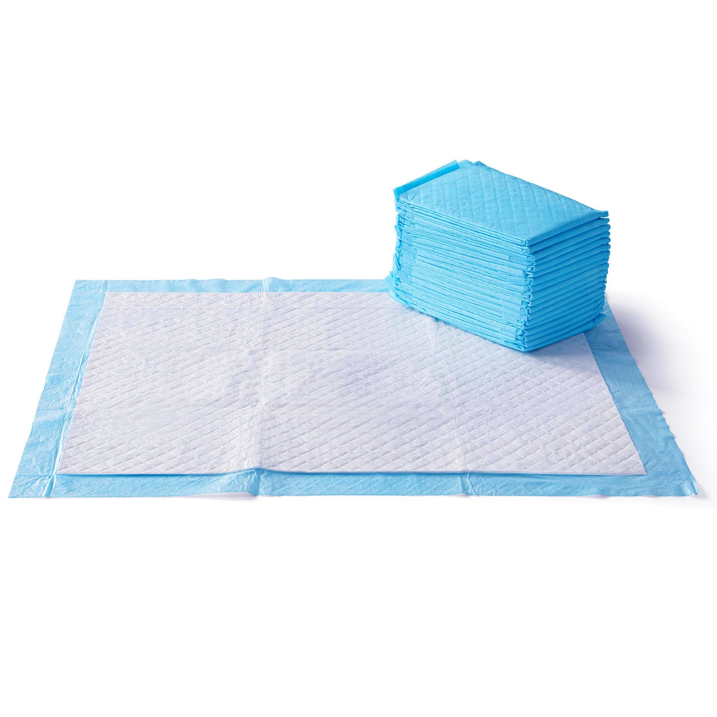 Amazon Basics Dog and Puppy Pee Pads with Leak-Proof Quick-Dry Design for Potty Training, Standard Absorbency, Regular Size, 22 x 22 Inches, Pack of 100, Blue & White
