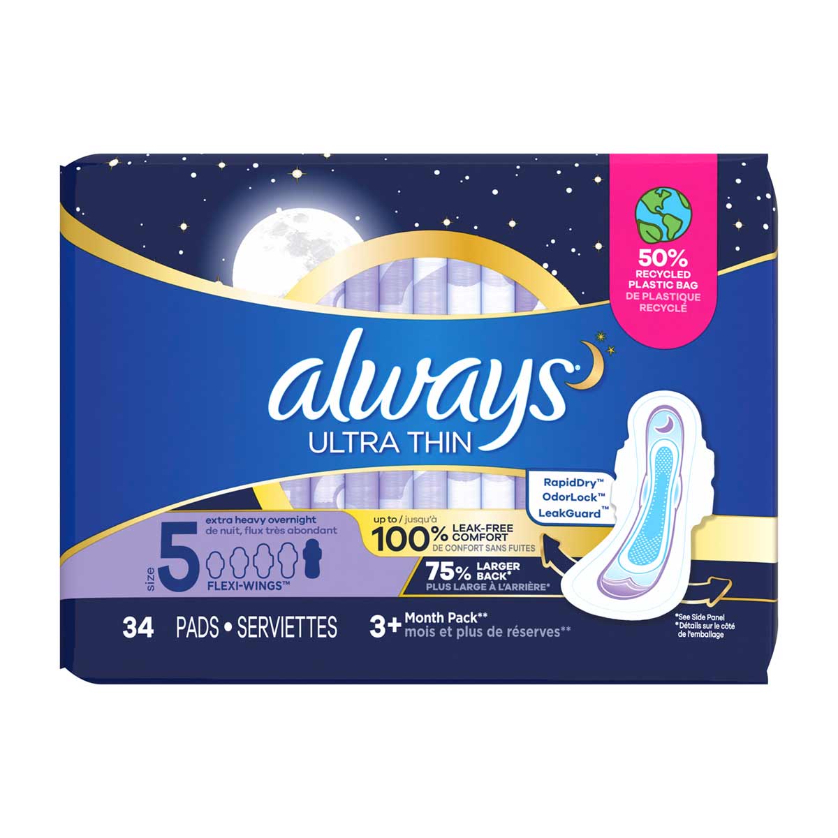 Always Ultra Thin Overnight Pads, Size 5, Extra Heavy Overnight, Unscented, 34 Count