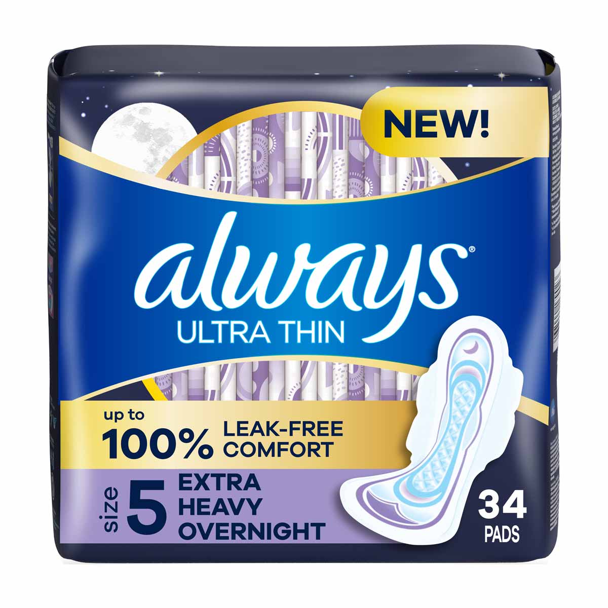 Always Ultra Thin Overnight Pads, Size 5, Extra Heavy Overnight, Unscented, 34 Count
