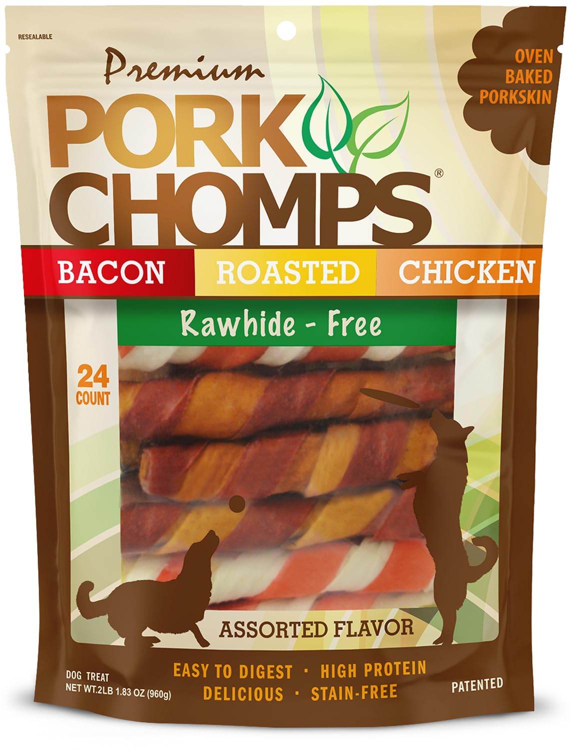 Pork Chomps Roasted Pork Skin Dog Chews, 6-inch Twists, 15 Count