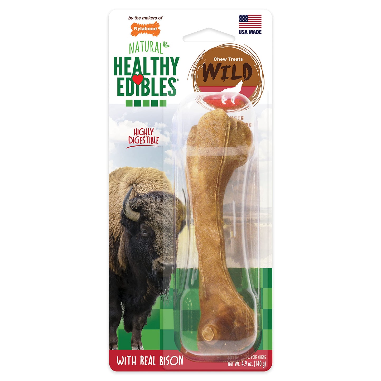 Nylabone Healthy Edibles WILD Natural Long-Lasting Bison Flavor Bone Chew Treats for Dogs, Medium (2 Count)