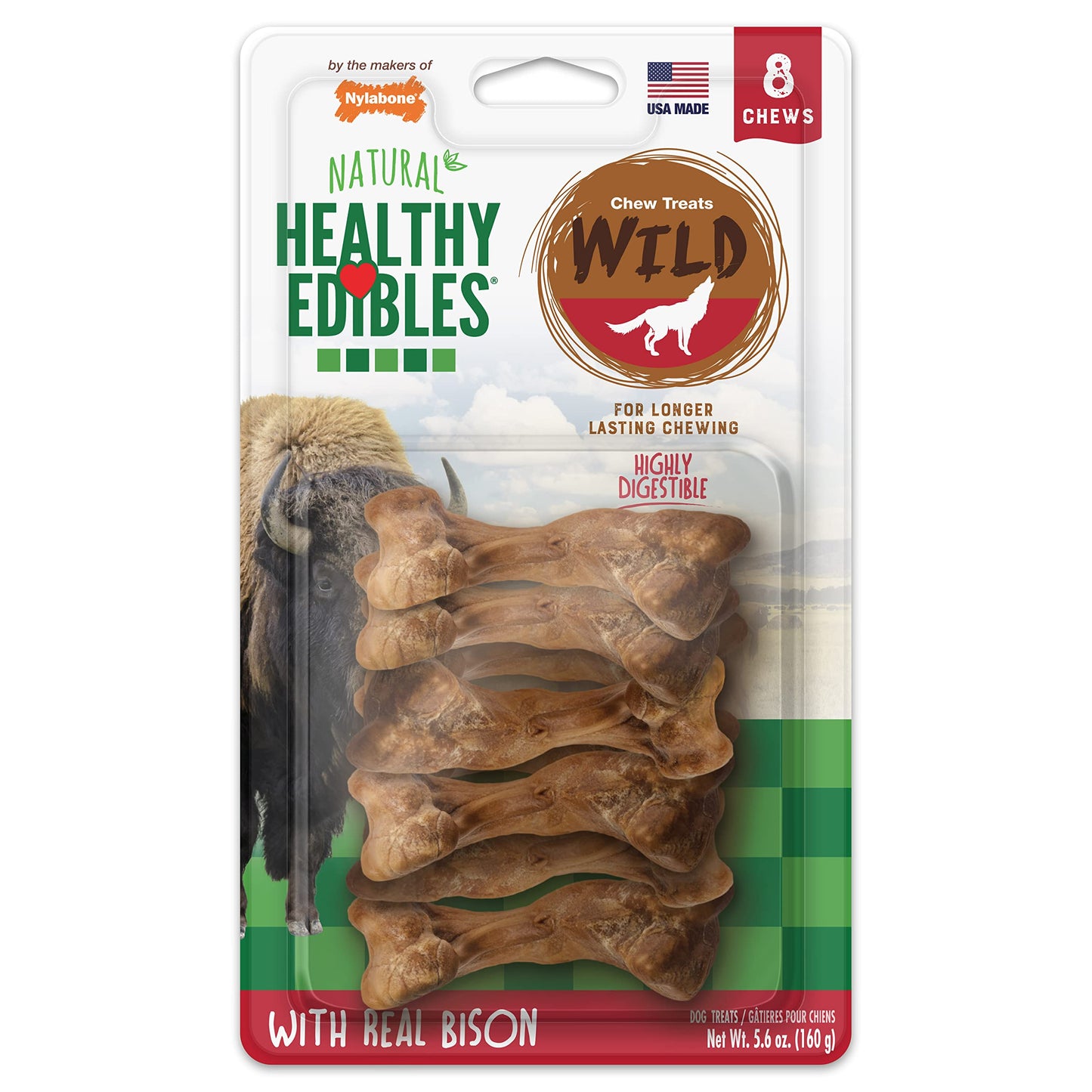 Nylabone Healthy Edibles WILD Natural Long-Lasting Bison Flavor Bone Chew Treats for Dogs, Medium (2 Count)