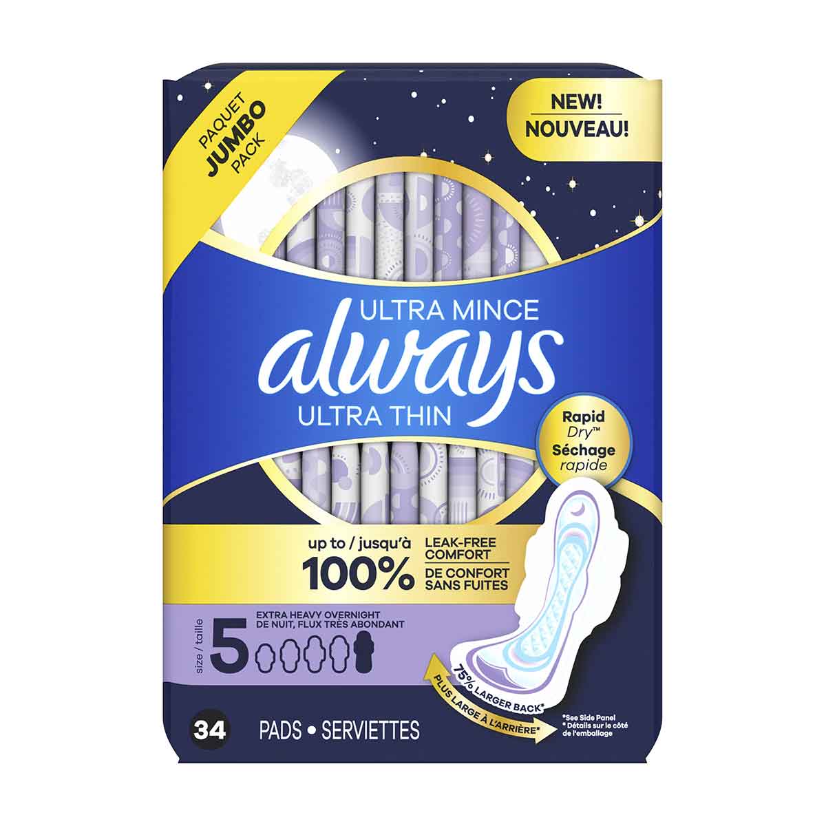 Always Ultra Thin Overnight Pads, Size 5, Extra Heavy Overnight, Unscented, 34 Count