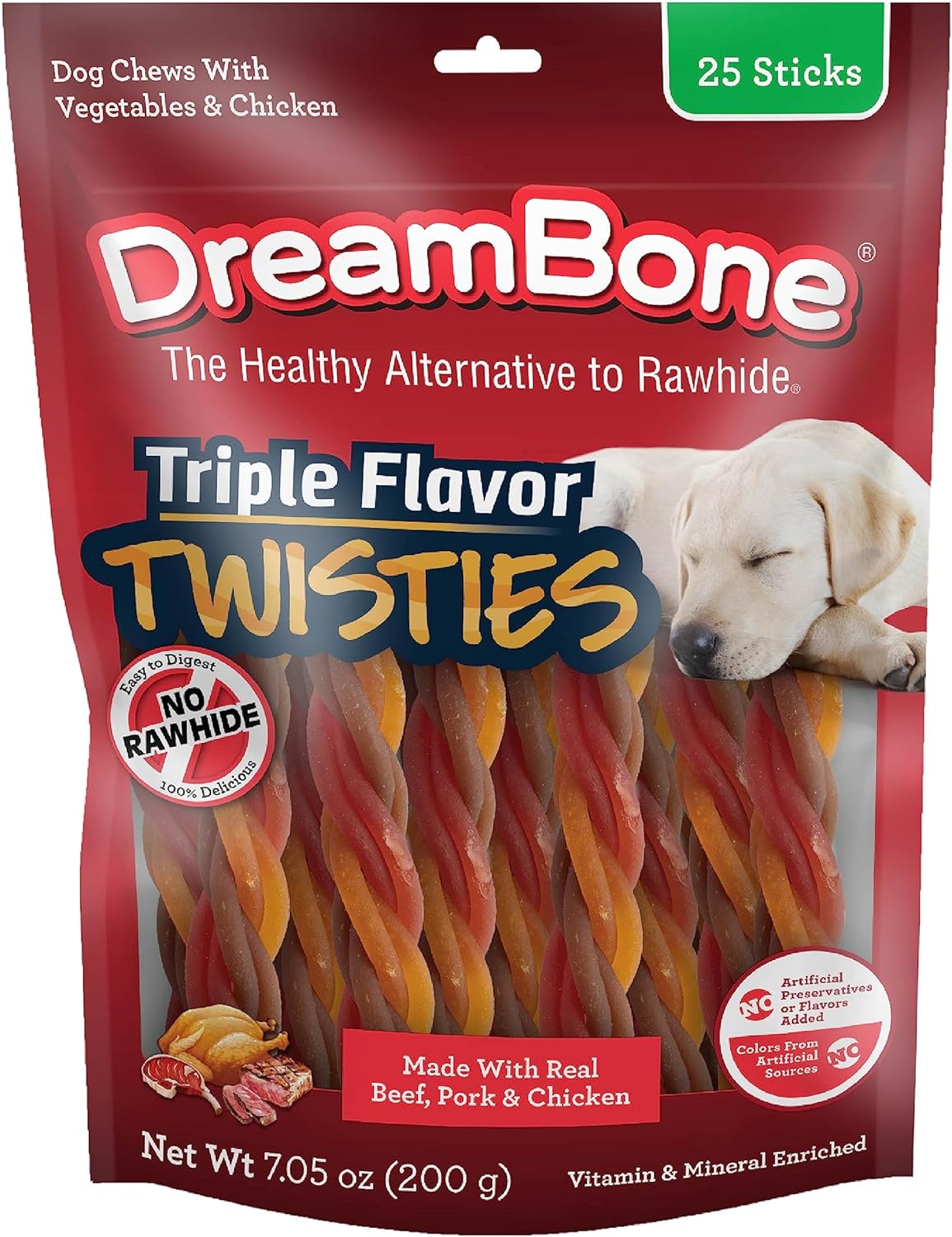 Dreambone Triple Flavor Twisties, 25 Count, Rawhide-Free Dog Chews Made with Real Beef, Pork & Chicken, 7.05 Ounce (Pack of 1)