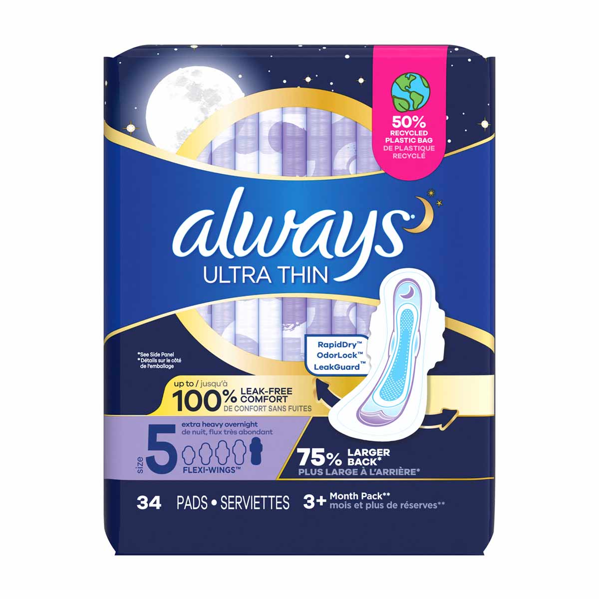 Always Ultra Thin Overnight Pads, Size 5, Extra Heavy Overnight, Unscented, 34 Count
