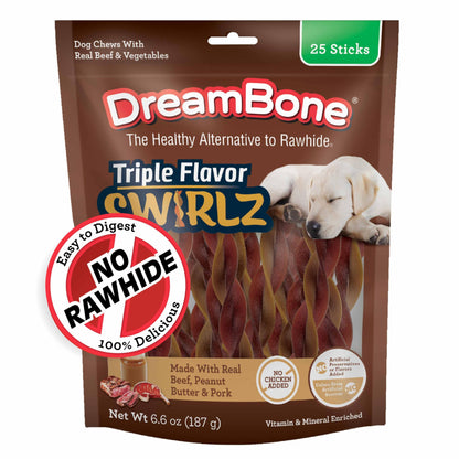 Dreambone Triple Flavor Twisties, 25 Count, Rawhide-Free Dog Chews Made with Real Beef, Pork & Chicken, 7.05 Ounce (Pack of 1)