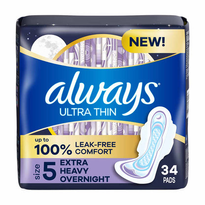 Always Ultra Thin Overnight Pads, Size 5, Extra Heavy Overnight, Unscented, 34 Count