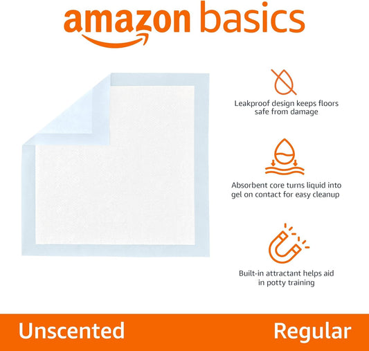 Amazon Basics Dog and Puppy Pee Pads with Leak-Proof Quick-Dry Design for Potty Training, Standard Absorbency, Regular Size, 22 x 22 Inches, Pack of 100, Blue & White