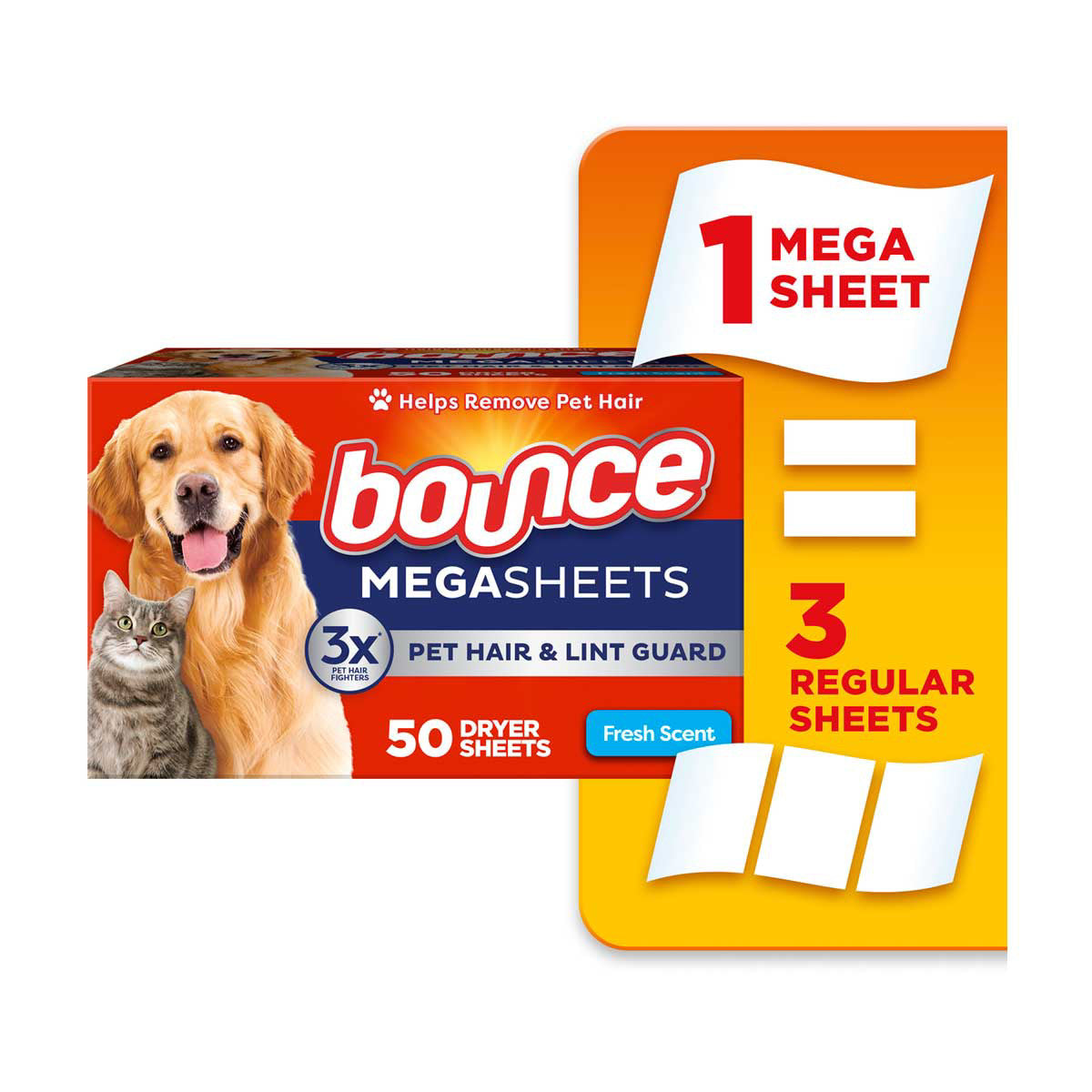 Bounce Pet Hair & Lint Guard Mega Sheets, Fresh Scent, 50 ct